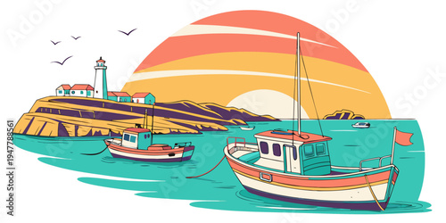 A boat is sailing in the water near a lighthouse Vector