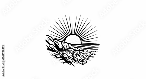 Stylized sunrise over rocky coast with crashing waves