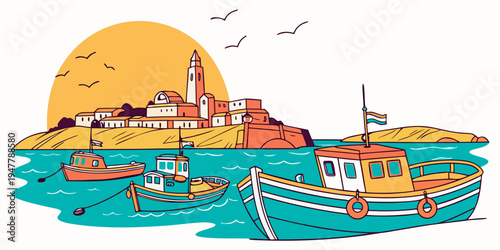 A colorful boat sailing in the ocean near a city Vector