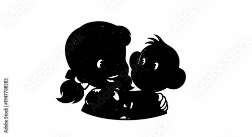 Two cartoon children, a girl and a boy, in a close embrace, smiling