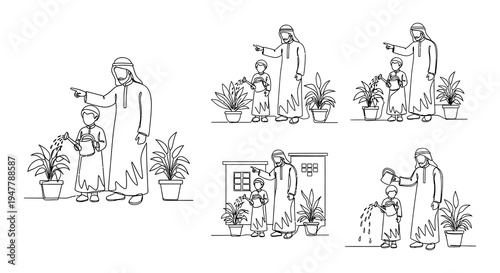 Line art illustration of arab families gardening with potted plants