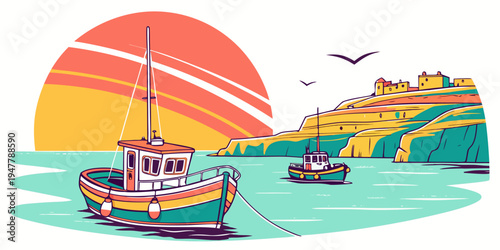 A colorful boat floating on the water near a cliff Vector