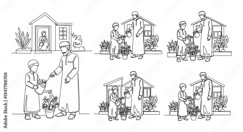 Obraz premium Line art illustration of arab families gardening with potted plants