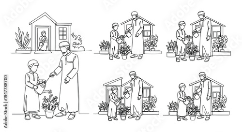 Line art illustration of arab families gardening with potted plants