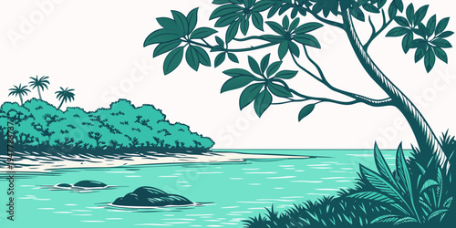 A serene tropical island with a tree and rocks Vector
