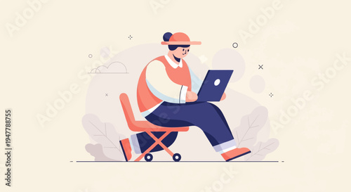Person in casual attire sits on a chair with wheels, typing on a laptop