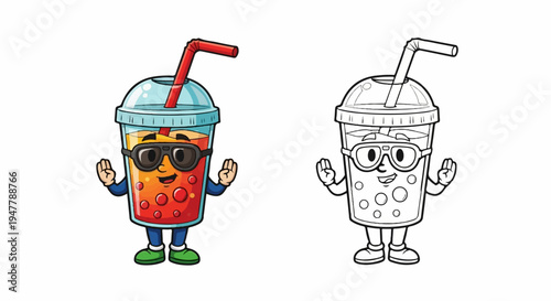 Two cartoon cups with straws, one colored, one outline, wearing sunglasses