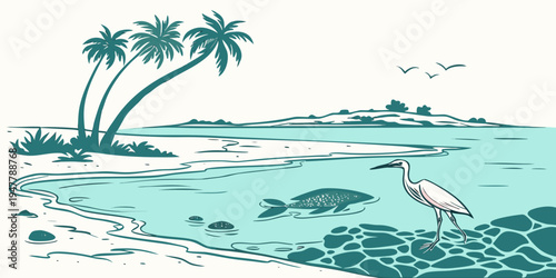 A heron standing on the shore by the sea with palm trees Vector