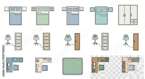 Top-Down View of Bedroom Furniture and Layouts.