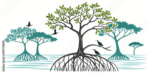 A group of trees with birds flying overhead Vector