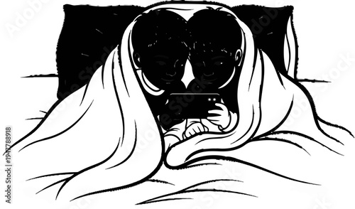 Two children under a blanket share a digital device at night