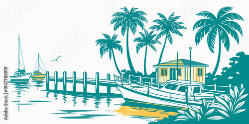 A tropical scene with a house and boats by the water Vector