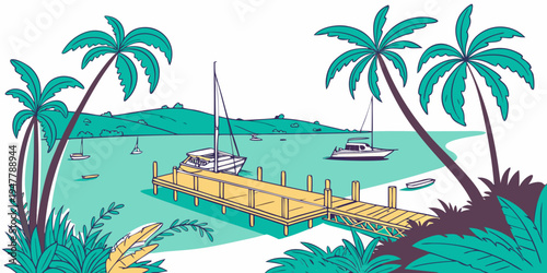 A tropical beach scene with a pier and palm trees Vector