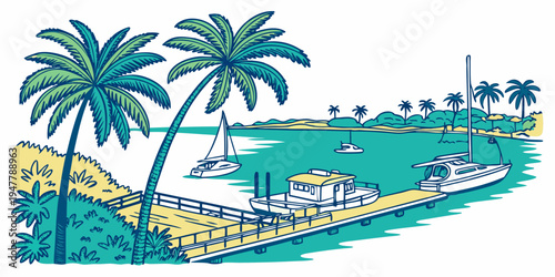 A tropical beach with palm trees and boats Vector