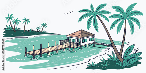 A small island with a hut and palm trees Vector