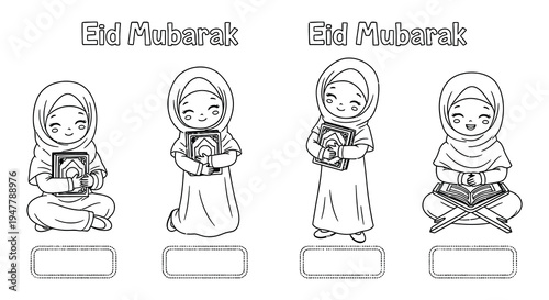 Adorable chibi girls with books celebrating eid mubarak in black and white