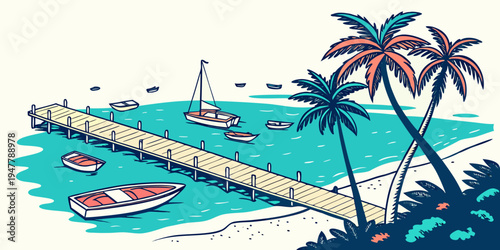 A pier with boats and palm trees by the water Vector
