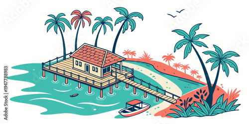A tropical island with a dock and palm trees Vector