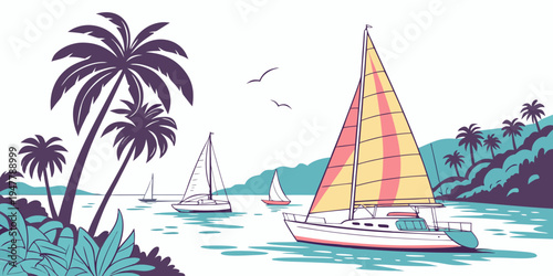 A sailboat on the water with palm trees Vector