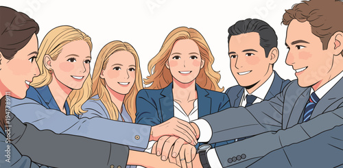 Group of five people in business attire shaking hands as part of a collaboration in an office environment.