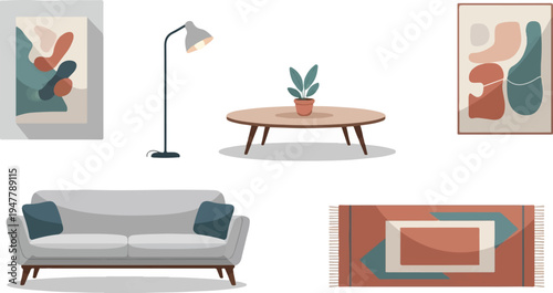 Minimalist living room scene with abstract art, sofa, coffee table, and rug