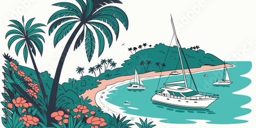 A white sailboat floats on turquoise water near a sandy beach with palm trees Vector