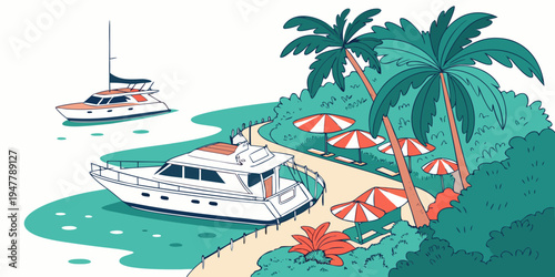 A white boat on a sandy beach with palm trees Vector