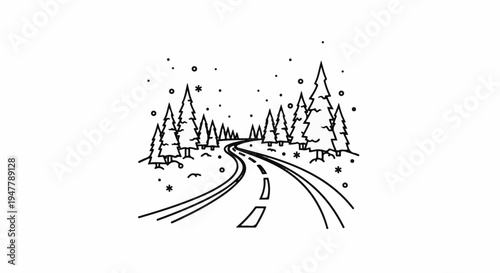 Winding road through snowy pine forest with falling flakes