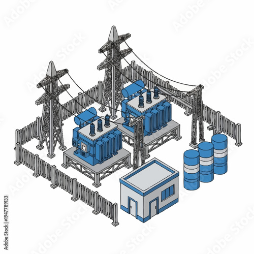 Isometric illustration of an electrical substation with transformers, power lines, and a control building.