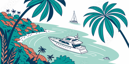 A large yacht sailing through a tropical bay Vector