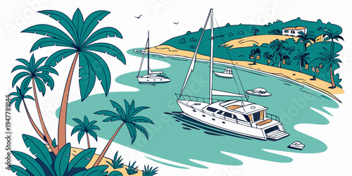 A white sailboat anchored near a tropical beach with palm trees Vector