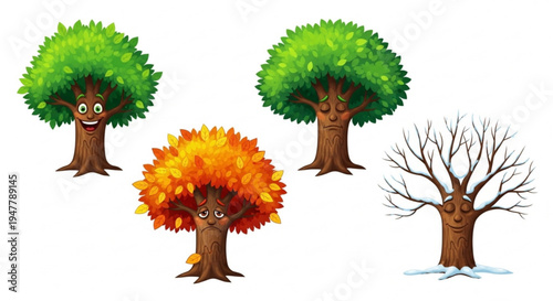 Cartoon illustration of four trees representing the four seasons spring, summer, autumn, and winter, each with a distinct facial expression and style
