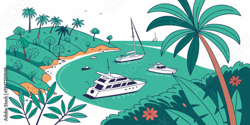 Boats are anchored in a tropical bay surrounded by palm trees and lush greenery Vector