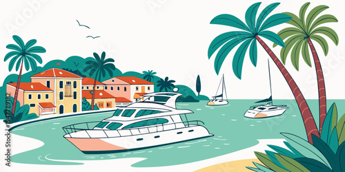 A tropical resort with boats and palm trees Vector