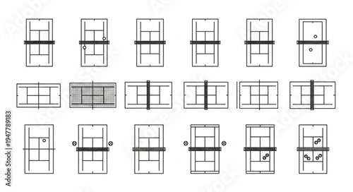 Collection of various tennis court layouts and designs.