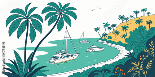 A serene tropical bay with boats and palm trees Vector