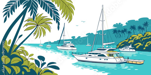 Sailboats anchored in a tropical bay Vector