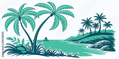 A tropical island with palm trees and a body of water Vector
