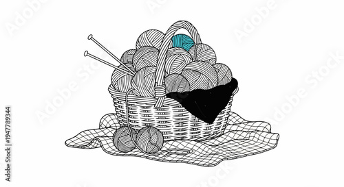 Woven basket overflows with yarn balls and knitting needles