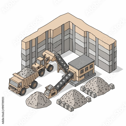 Isometric illustration of a quarry with trucks, conveyor belts, and piles of gravel, showcasing the mining process.