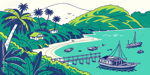 A serene tropical bay with boats and lush green hills Vector
