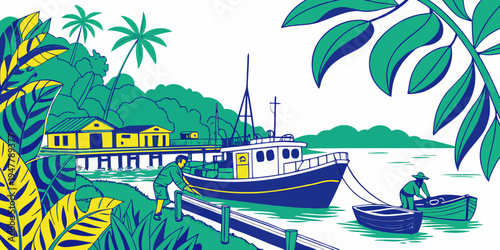 A boat is docked at a tropical harbor Vector