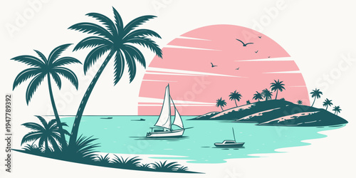 A serene tropical island scene with a sailboat Vector
