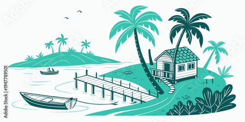 A tropical island with palm trees and a boat Vector