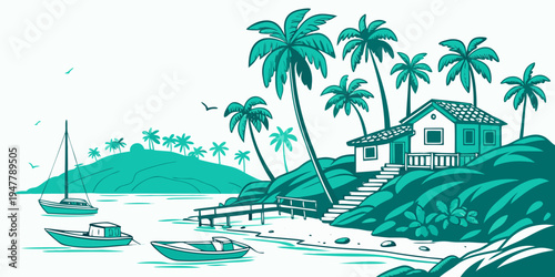 A tropical island with palm trees and boats Vector