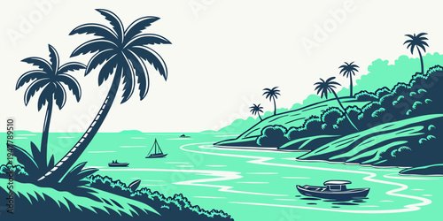 A serene tropical landscape with a river and palm trees Vector
