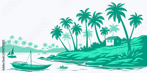 A tropical island with palm trees and a boat Vector