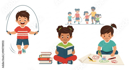Children engaging in various recreational activities like jumping rope, reading books, and drawing creatively
