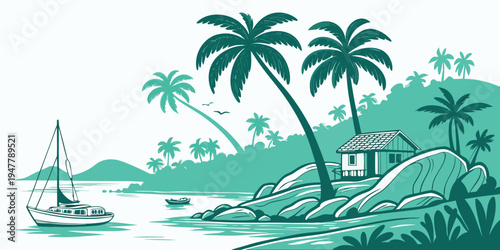 A tropical island scene with palm trees and a sailboat Vector