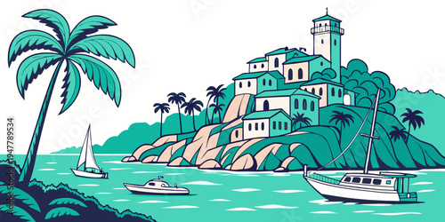 A tropical island with a lighthouse and palm tree Vector